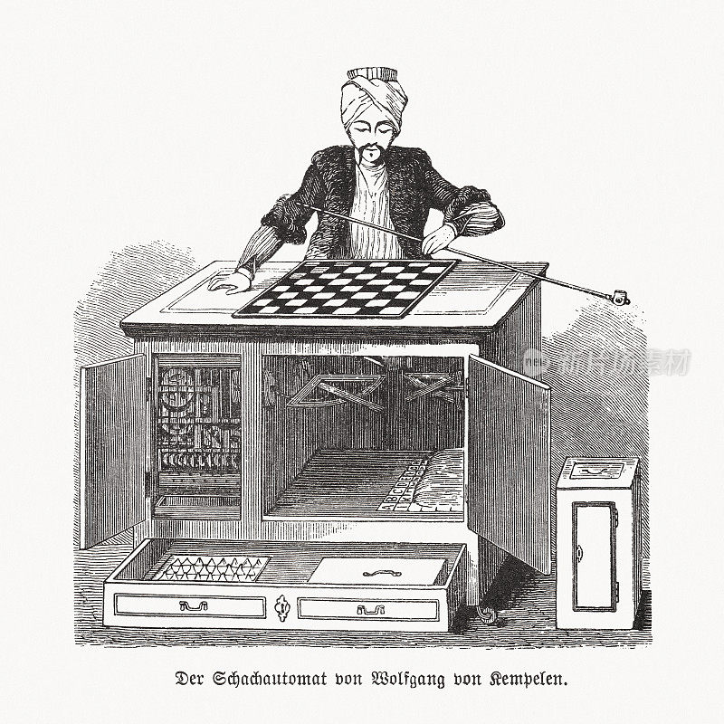 自动棋手Wolfgang von Kempelen，木刻，1893年出版